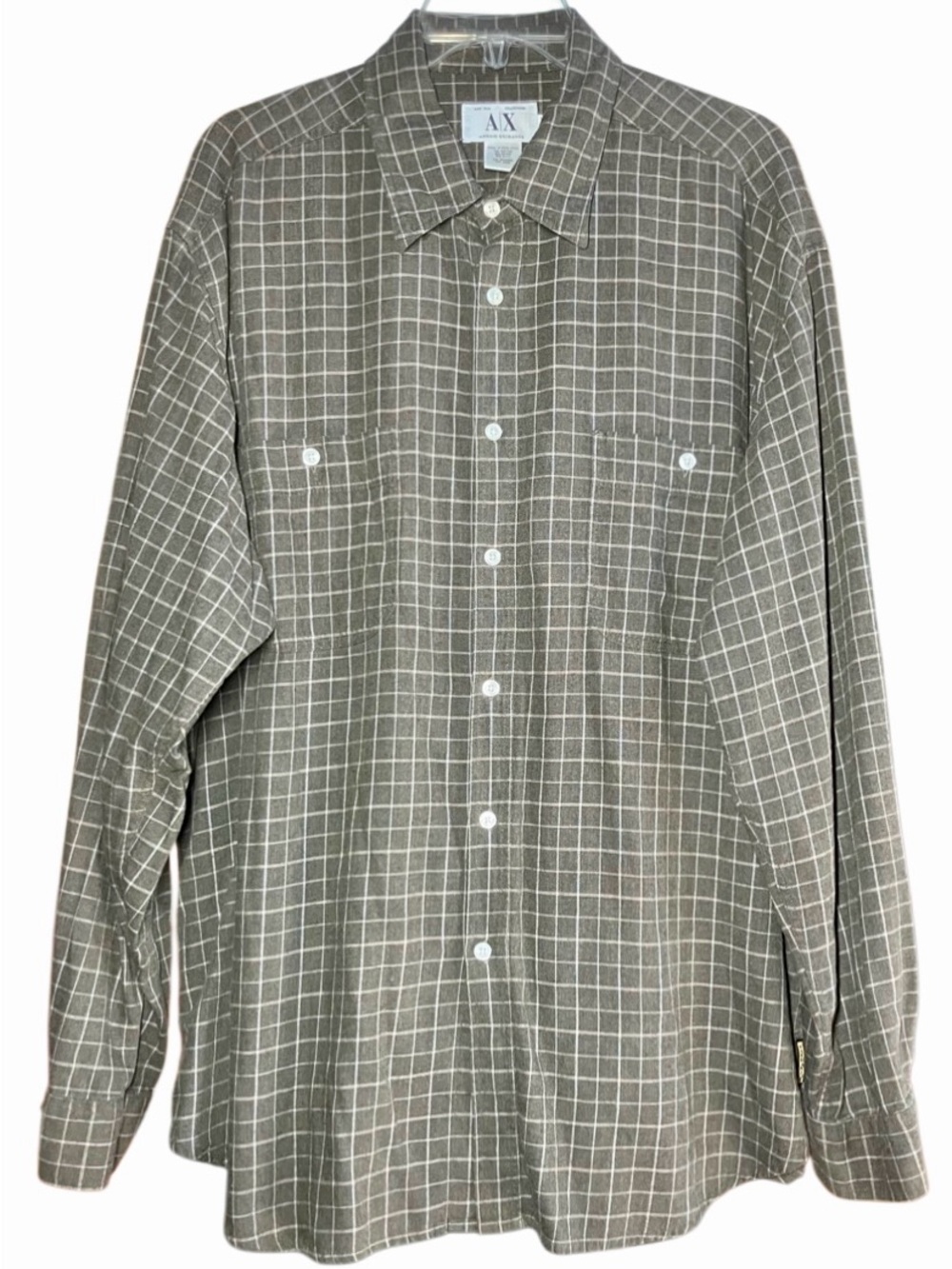 Armani Exchange Windowpane Check Flannel in Mushroom Brown/White Mens XL